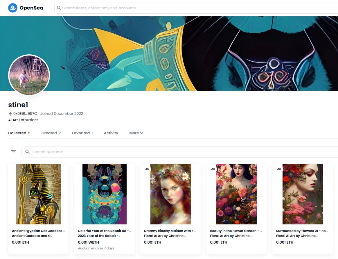 Christine aka stine1 selling AI Art as NFT on OpenSea